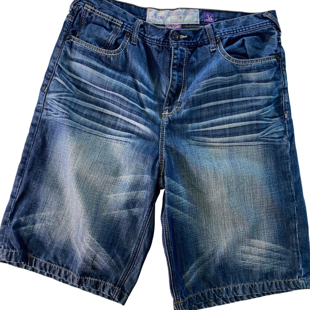 Akoo Denim Shorts Jorts Baggy Streetwear Mens 36 Whiskering Embroidered Pockets